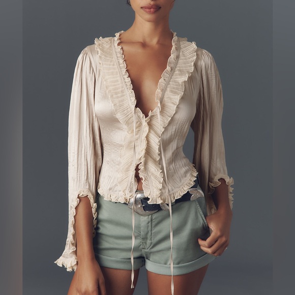 Anthropologie Cream Ruffle-Trim Tie Front Blouse - Picture 2 of 7